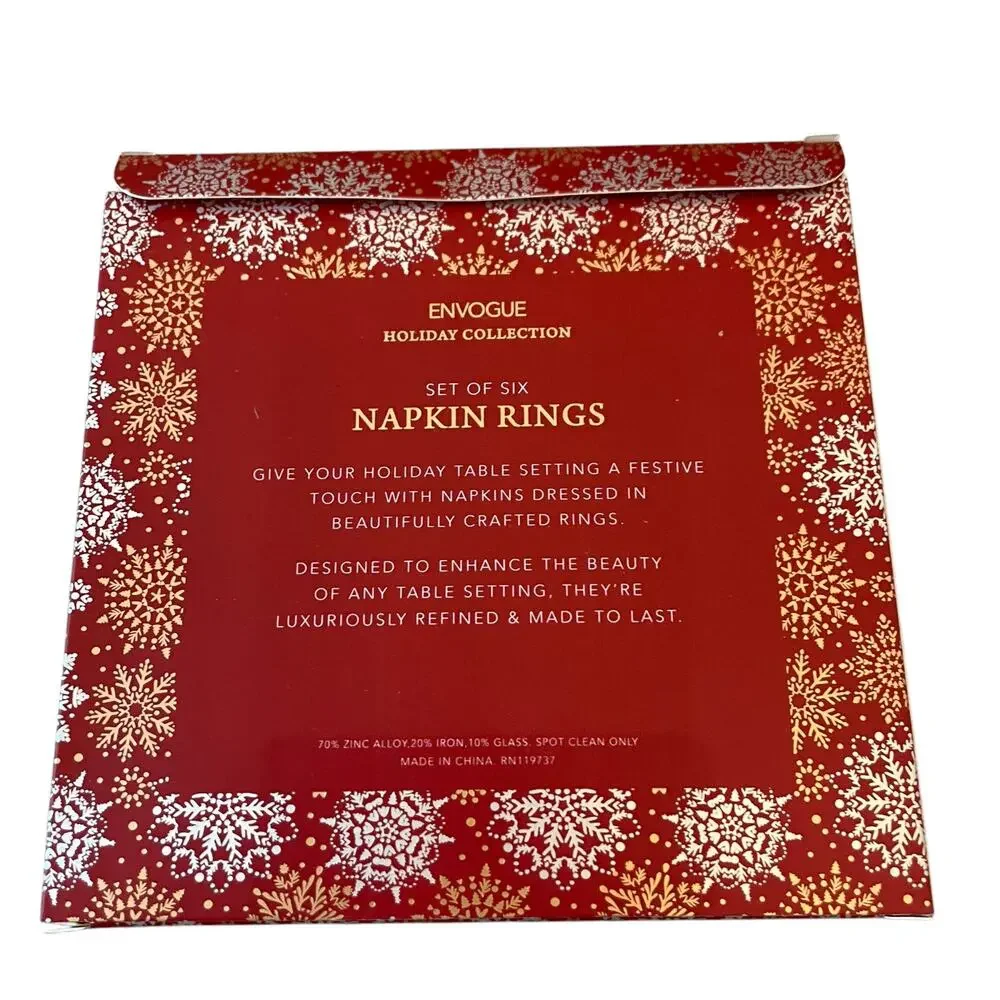Envogue Rhinestone CHRISTMAS Present Napkin Rings Set of 6 Holiday Red Gold New